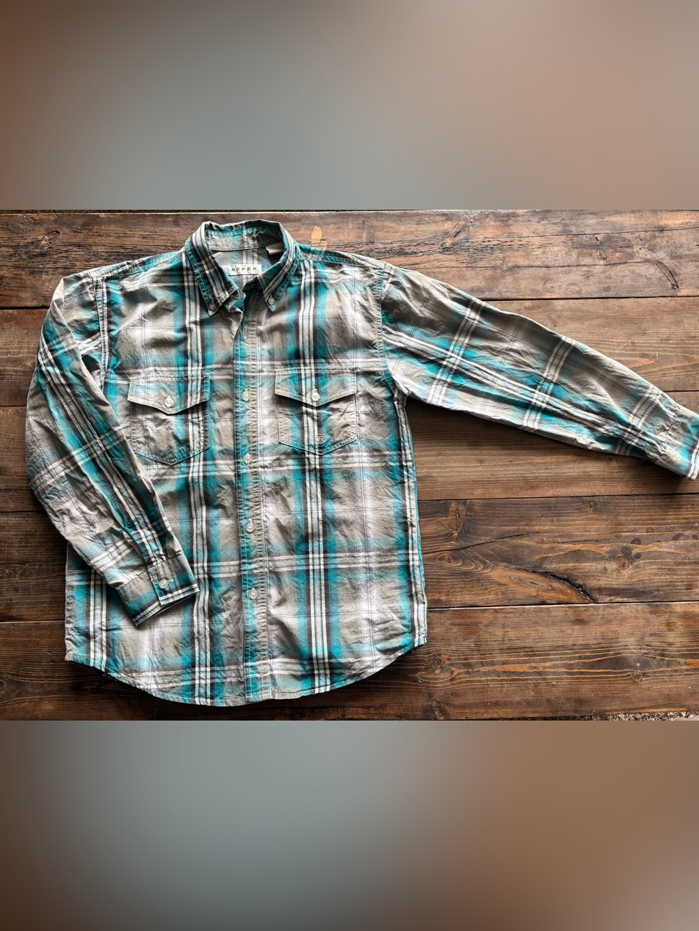 Roper Boy’s Teal & Gray Plaid Button-Down Shirt